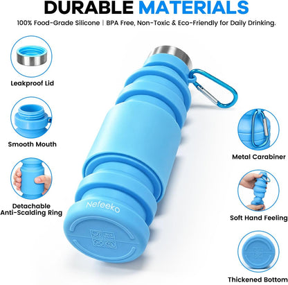Collapsible Water Bottle, 27oz Reuseable BPA Free Silicone Foldable Portable Leak Proof Sports Water Bottle with Carabiner for Travel Gym Camping Hiking