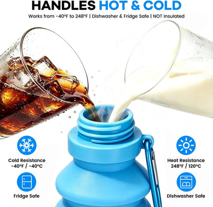 Collapsible Water Bottle, 27oz Reuseable BPA Free Silicone Foldable Portable Leak Proof Sports Water Bottle with Carabiner for Travel Gym Camping Hiking