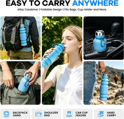 Collapsible Water Bottle, 27oz Reuseable BPA Free Silicone Foldable Portable Leak Proof Sports Water Bottle with Carabiner for Travel Gym Camping Hiking