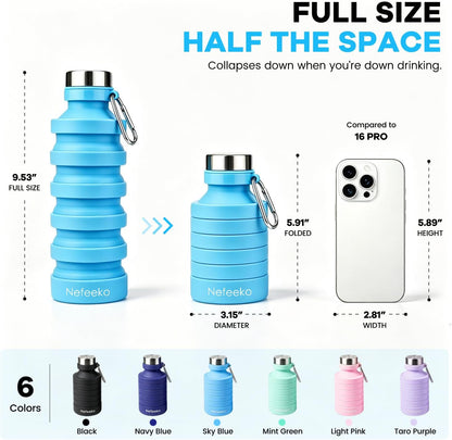Collapsible Water Bottle, 27oz Reuseable BPA Free Silicone Foldable Portable Leak Proof Sports Water Bottle with Carabiner for Travel Gym Camping Hiking
