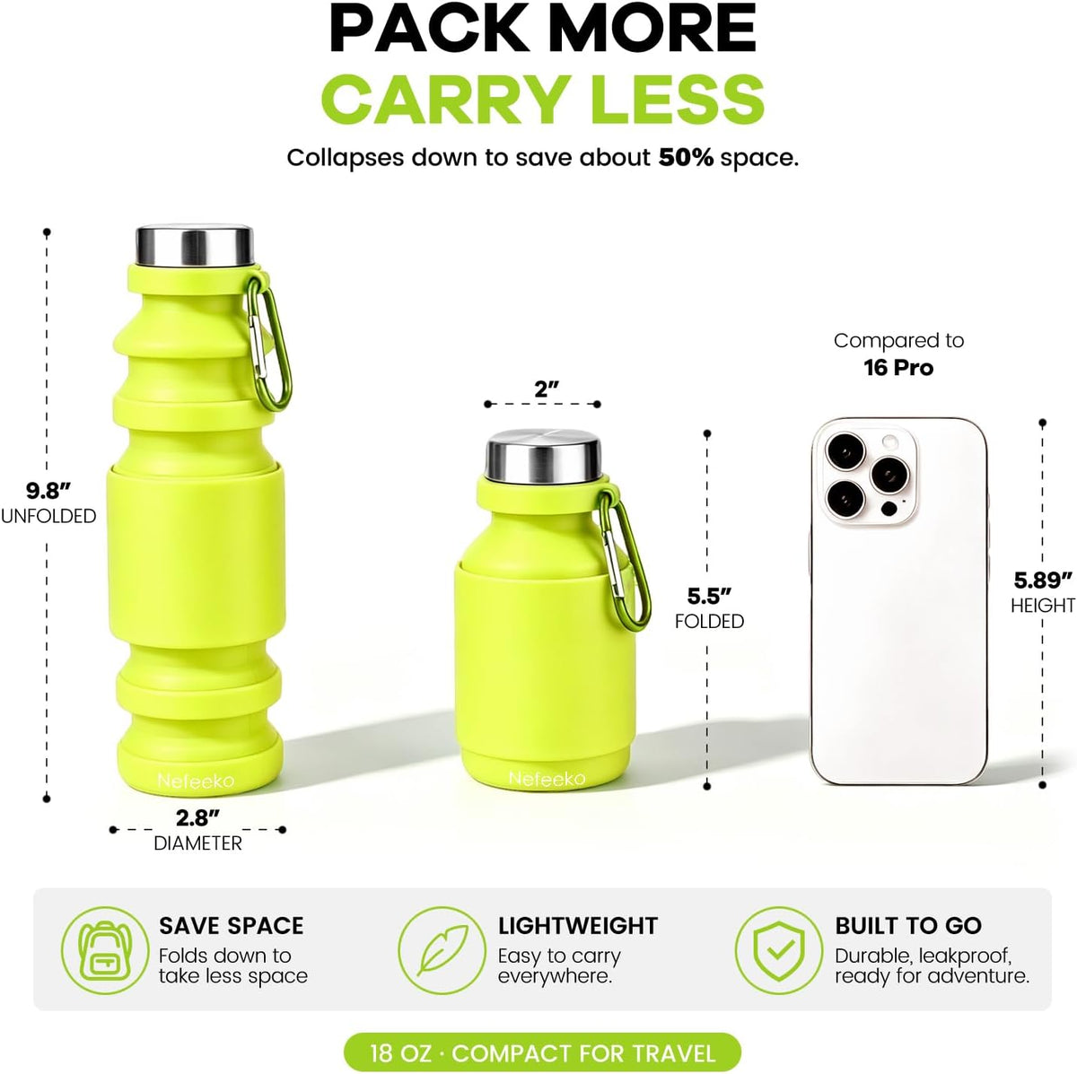Collapsible Water Bottle, 27oz Reuseable BPA Free Silicone Foldable Portable Leak Proof Sports Water Bottle with Carabiner for Travel Gym Camping Hiking