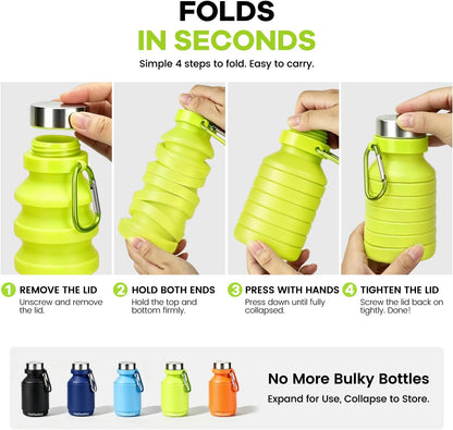 Collapsible Water Bottle, 27oz Reuseable BPA Free Silicone Foldable Portable Leak Proof Sports Water Bottle with Carabiner for Travel Gym Camping Hiking