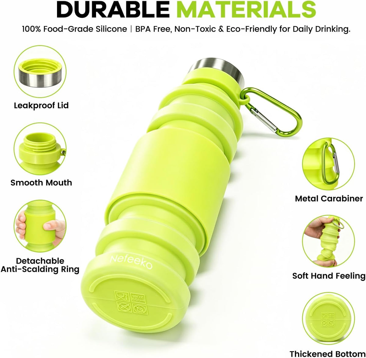 Collapsible Water Bottle, 27oz Reuseable BPA Free Silicone Foldable Portable Leak Proof Sports Water Bottle with Carabiner for Travel Gym Camping Hiking
