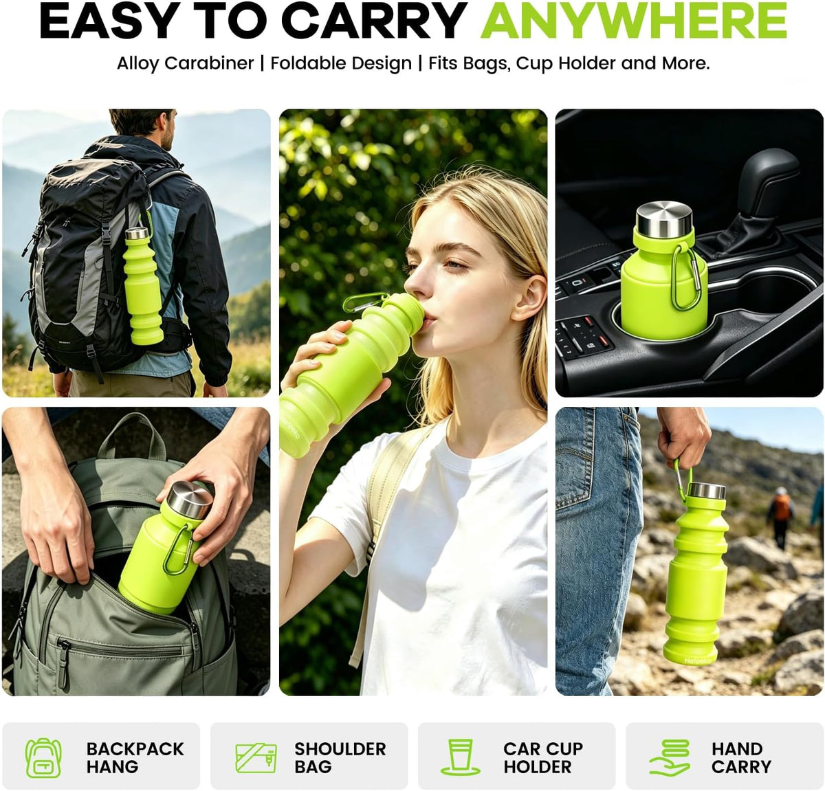 Collapsible Water Bottle, 27oz Reuseable BPA Free Silicone Foldable Portable Leak Proof Sports Water Bottle with Carabiner for Travel Gym Camping Hiking
