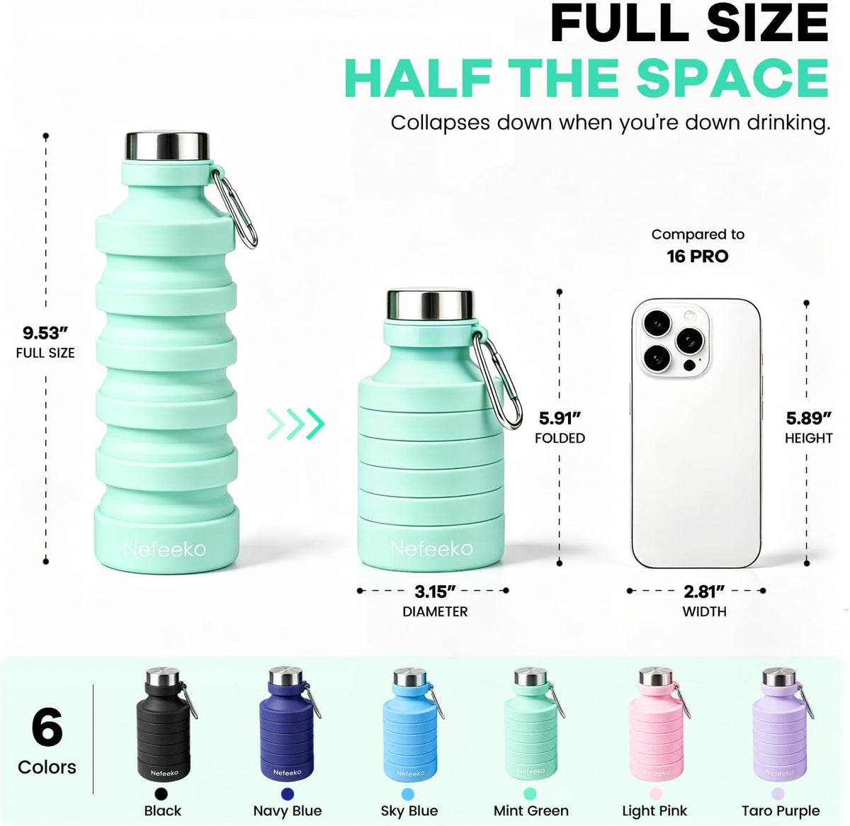 Collapsible Water Bottle, 27oz Reuseable BPA Free Silicone Foldable Portable Leak Proof Sports Water Bottle with Carabiner for Travel Gym Camping Hiking