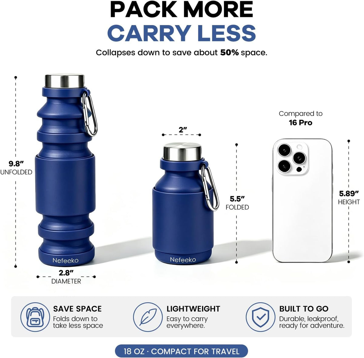 Collapsible Water Bottle, 27oz Reuseable BPA Free Silicone Foldable Portable Leak Proof Sports Water Bottle with Carabiner for Travel Gym Camping Hiking