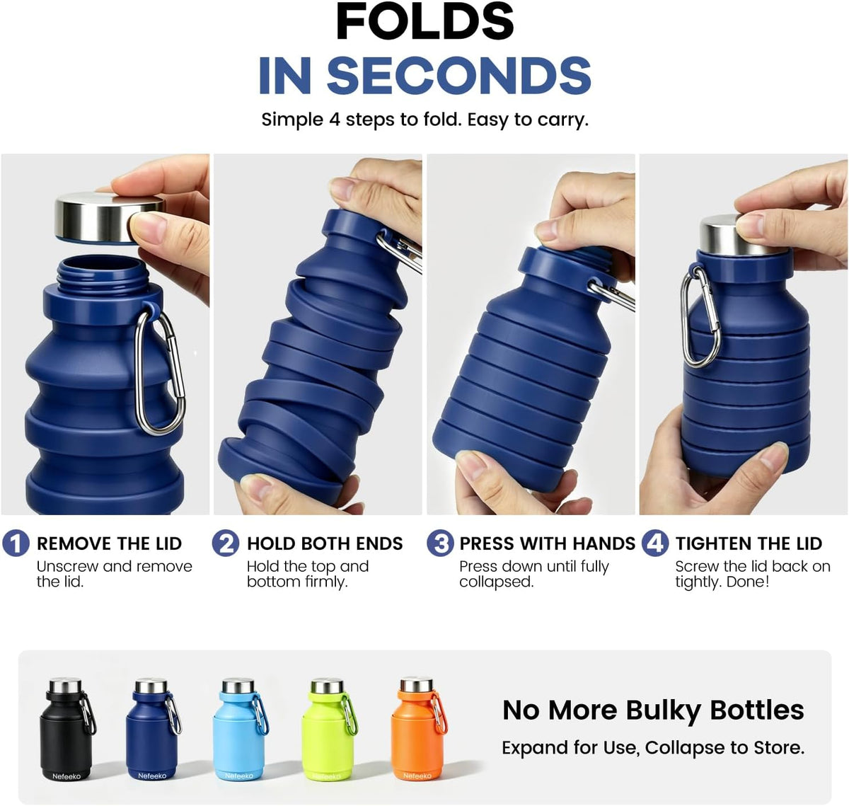 Collapsible Water Bottle, 27oz Reuseable BPA Free Silicone Foldable Portable Leak Proof Sports Water Bottle with Carabiner for Travel Gym Camping Hiking