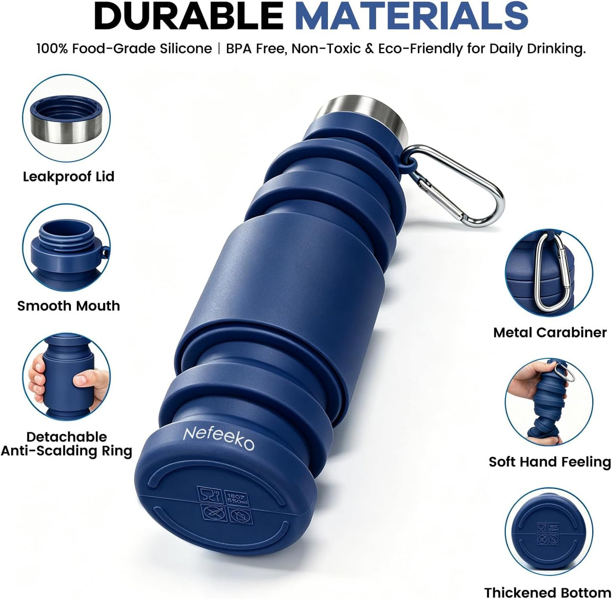 Collapsible Water Bottle, 27oz Reuseable BPA Free Silicone Foldable Portable Leak Proof Sports Water Bottle with Carabiner for Travel Gym Camping Hiking