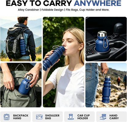 Collapsible Water Bottle, 27oz Reuseable BPA Free Silicone Foldable Portable Leak Proof Sports Water Bottle with Carabiner for Travel Gym Camping Hiking