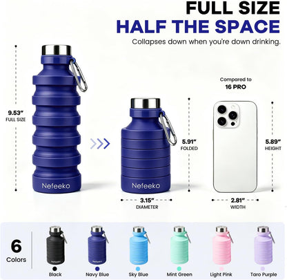 Collapsible Water Bottle, 27oz Reuseable BPA Free Silicone Foldable Portable Leak Proof Sports Water Bottle with Carabiner for Travel Gym Camping Hiking