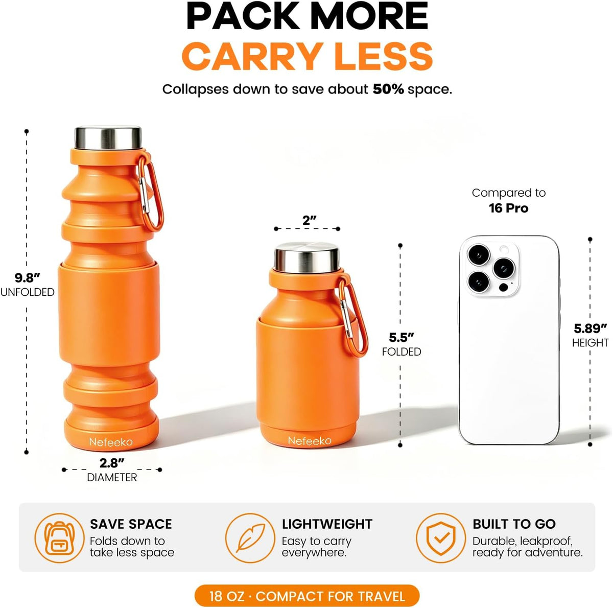 Collapsible Water Bottle, 27oz Reuseable BPA Free Silicone Foldable Portable Leak Proof Sports Water Bottle with Carabiner for Travel Gym Camping Hiking