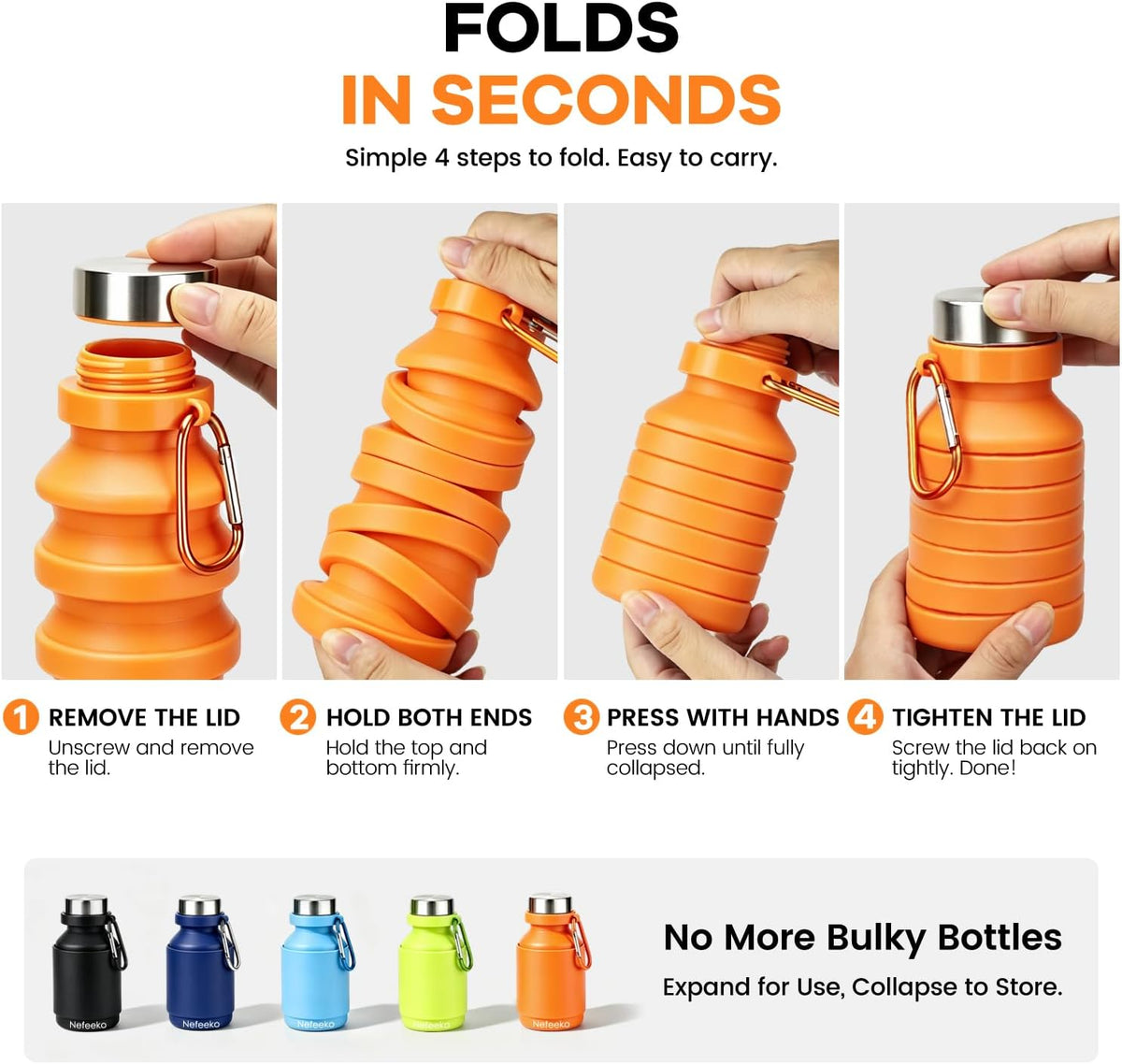 Collapsible Water Bottle, 27oz Reuseable BPA Free Silicone Foldable Portable Leak Proof Sports Water Bottle with Carabiner for Travel Gym Camping Hiking