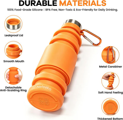 Collapsible Water Bottle, 27oz Reuseable BPA Free Silicone Foldable Portable Leak Proof Sports Water Bottle with Carabiner for Travel Gym Camping Hiking