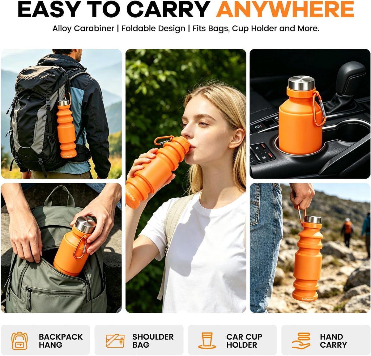 Collapsible Water Bottle, 27oz Reuseable BPA Free Silicone Foldable Portable Leak Proof Sports Water Bottle with Carabiner for Travel Gym Camping Hiking