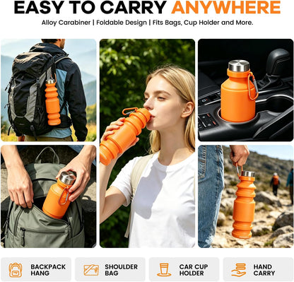 Collapsible Water Bottle, 27oz Reuseable BPA Free Silicone Foldable Portable Leak Proof Sports Water Bottle with Carabiner for Travel Gym Camping Hiking