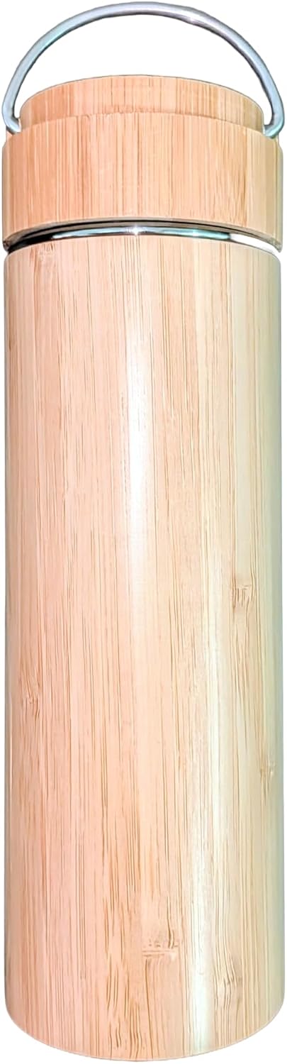Bamboo Tea Tumbler with Infuser - 15oz Double Wall Vacuum Insulated Stainless Steel Travel Mug | Leakproof Thermal Flask with Strainer for Loose Leaf Tea, Coffee and Fruit Water