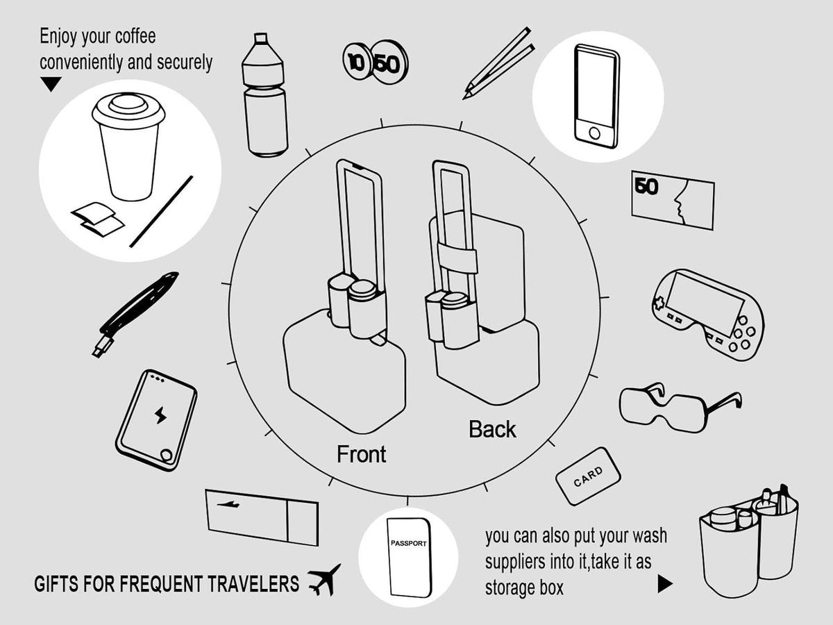 Luggage Travel Cup Holder Free Hand Drink Carrier - Hold Two Coffee Mugs - Fits Roll on Suitcase Handles - Gifts for Flight Attendants Travelers Accessories Carbon Black