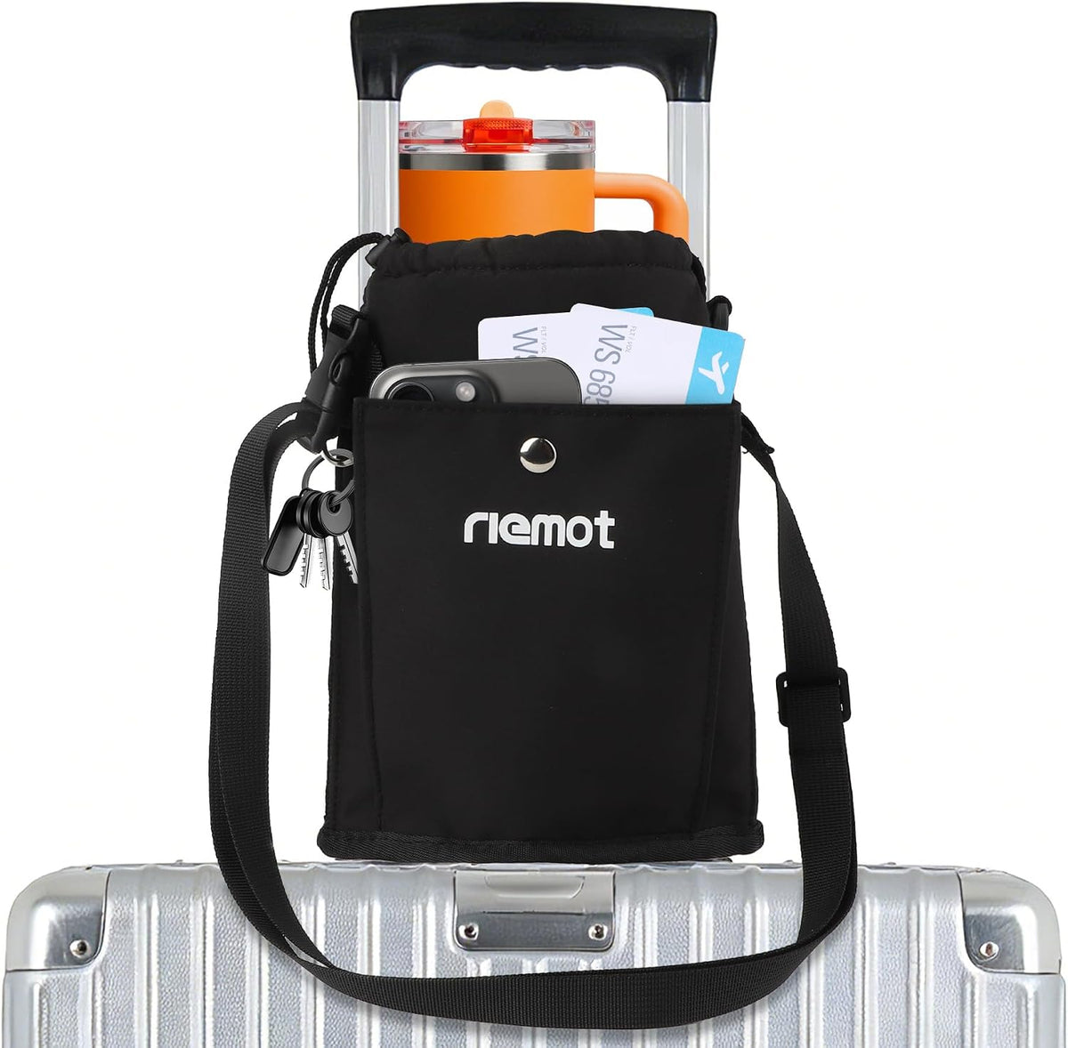 Luggage Travel Cup Holder Free Hand Drink Carrier - Hold Two Coffee Mugs - Fits Roll on Suitcase Handles - Gifts for Flight Attendants Travelers Accessories Carbon Black
