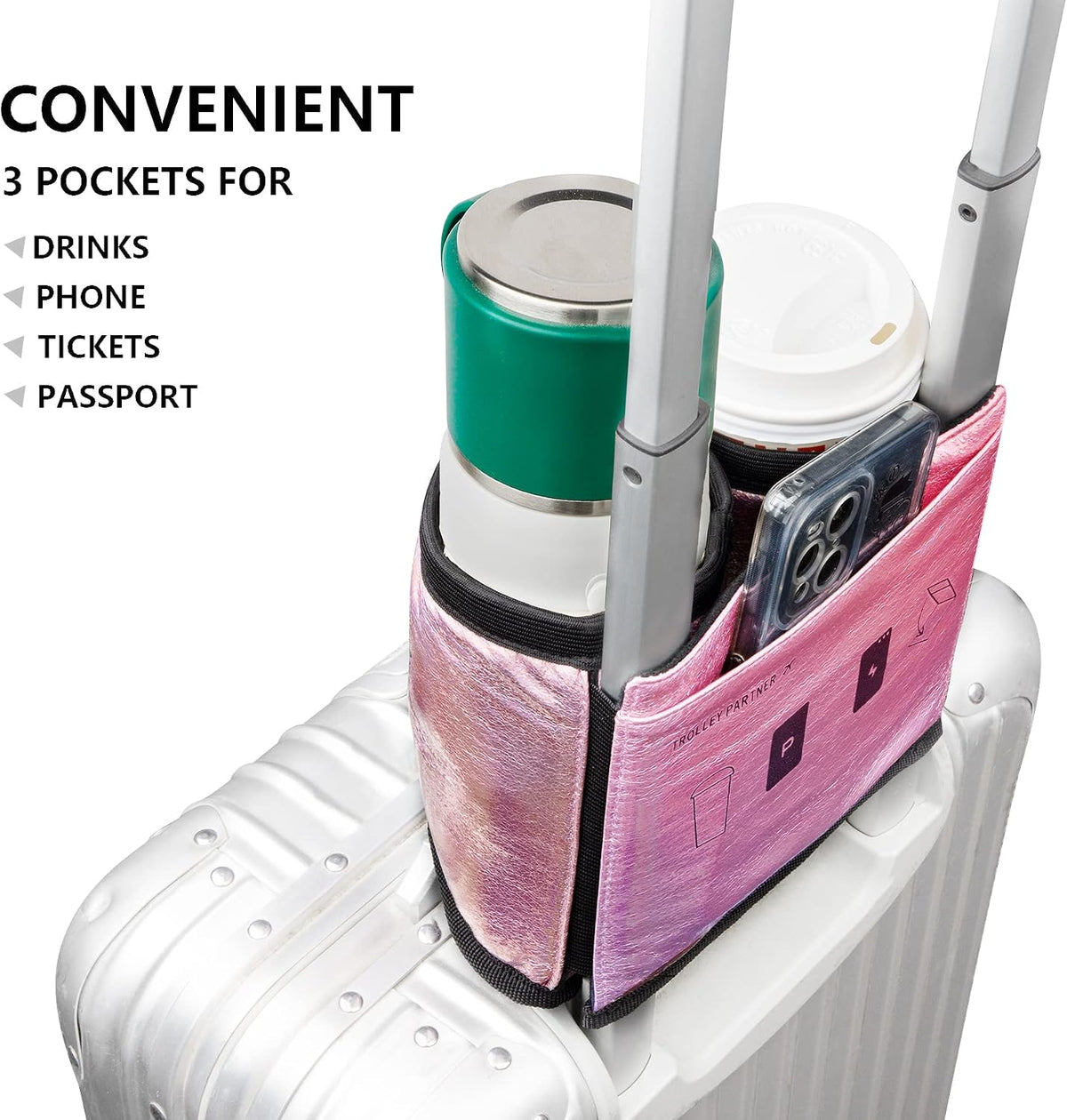 Luggage Travel Cup Holder Free Hand Drink Carrier - Hold Two Coffee Mugs - Fits Roll on Suitcase Handles - Gifts for Flight Attendants Travelers Accessories Carbon Black