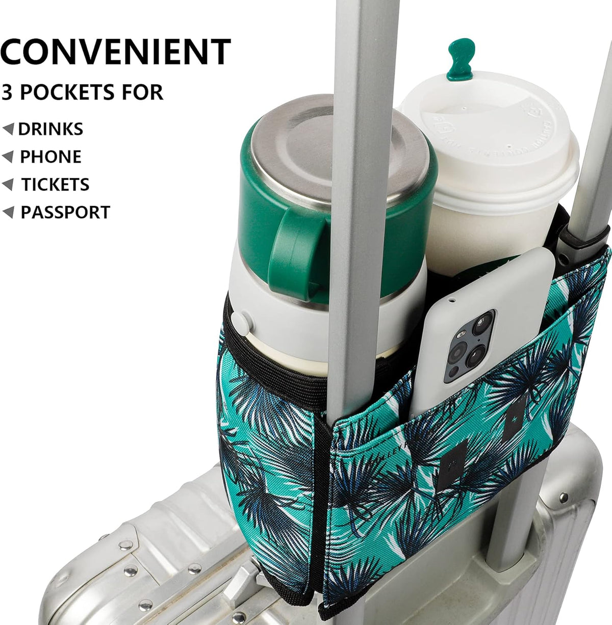 Luggage Travel Cup Holder Free Hand Drink Carrier - Hold Two Coffee Mugs - Fits Roll on Suitcase Handles - Gifts for Flight Attendants Travelers Accessories Carbon Black