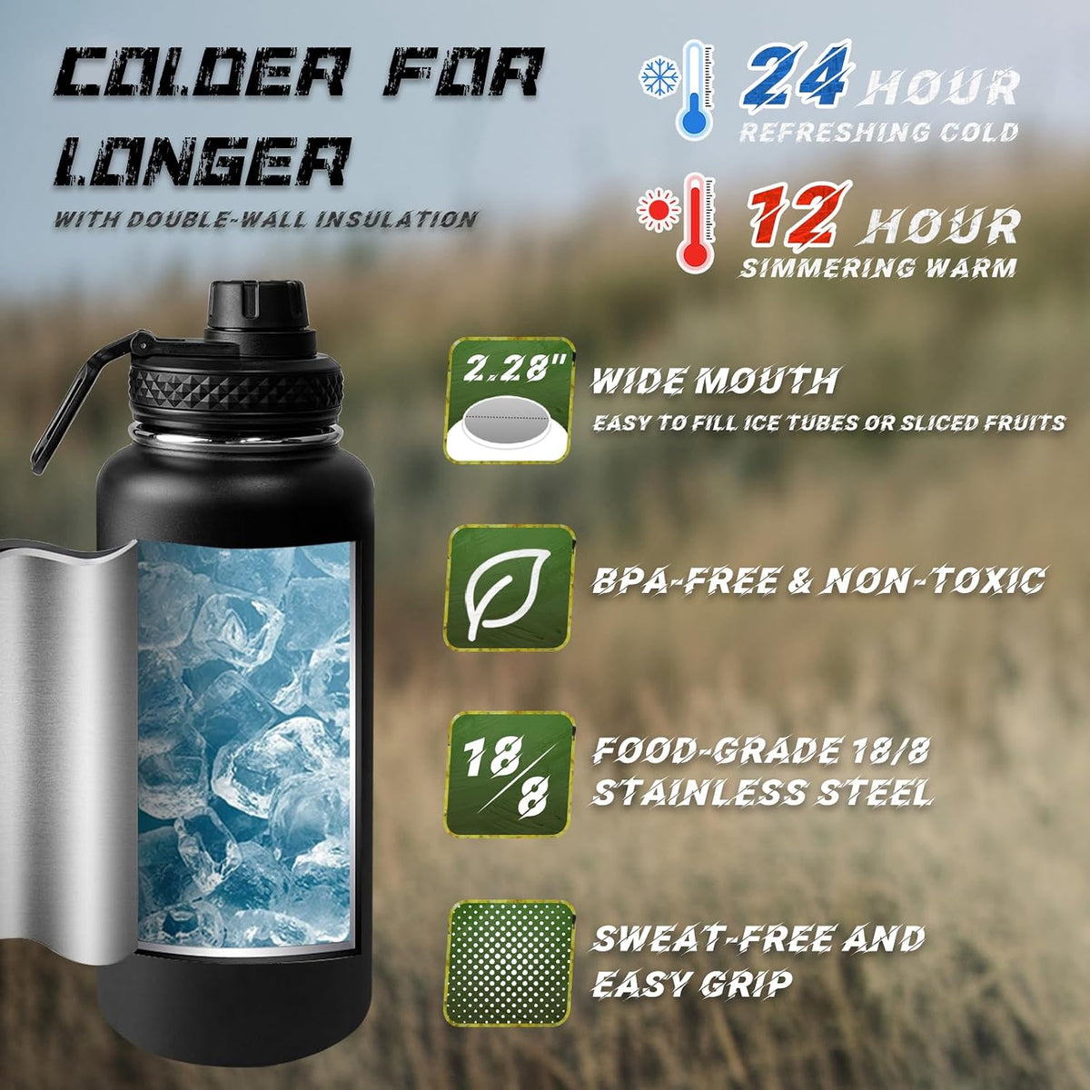 32 oz Insulated Water Bottle with Sleeve - Tactical Stainless Steel Gym Water Bottles for Men, Sports Water Bottle for Hiking Camping Outdoor with Camo Pouch