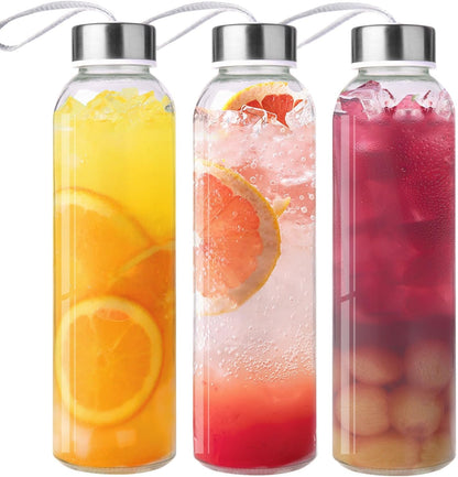 3 Packs Glass Water Bottles with Lid, Clear, 17oz