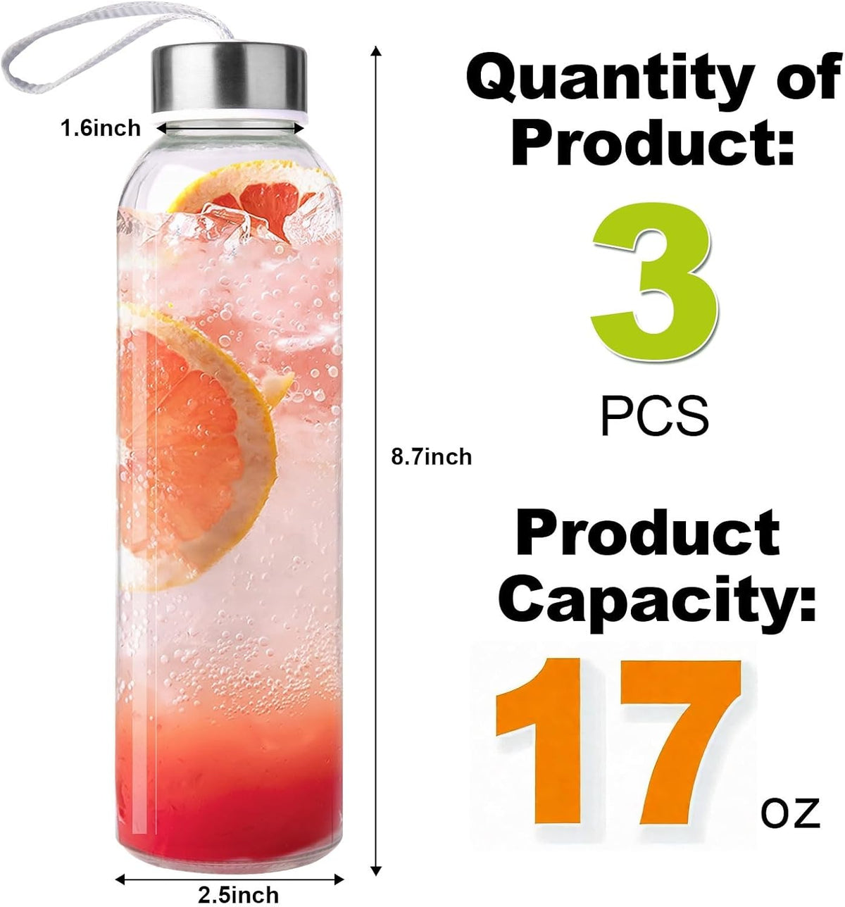 3 Packs Glass Water Bottles with Lid, Clear, 17oz