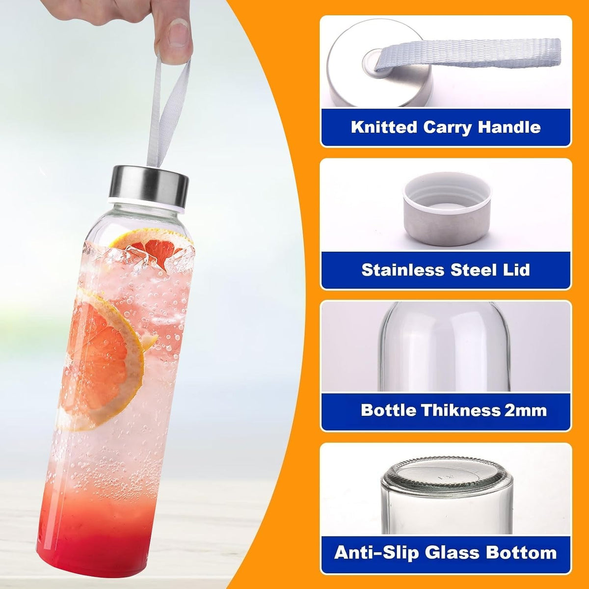 3 Packs Glass Water Bottles with Lid, Clear, 17oz
