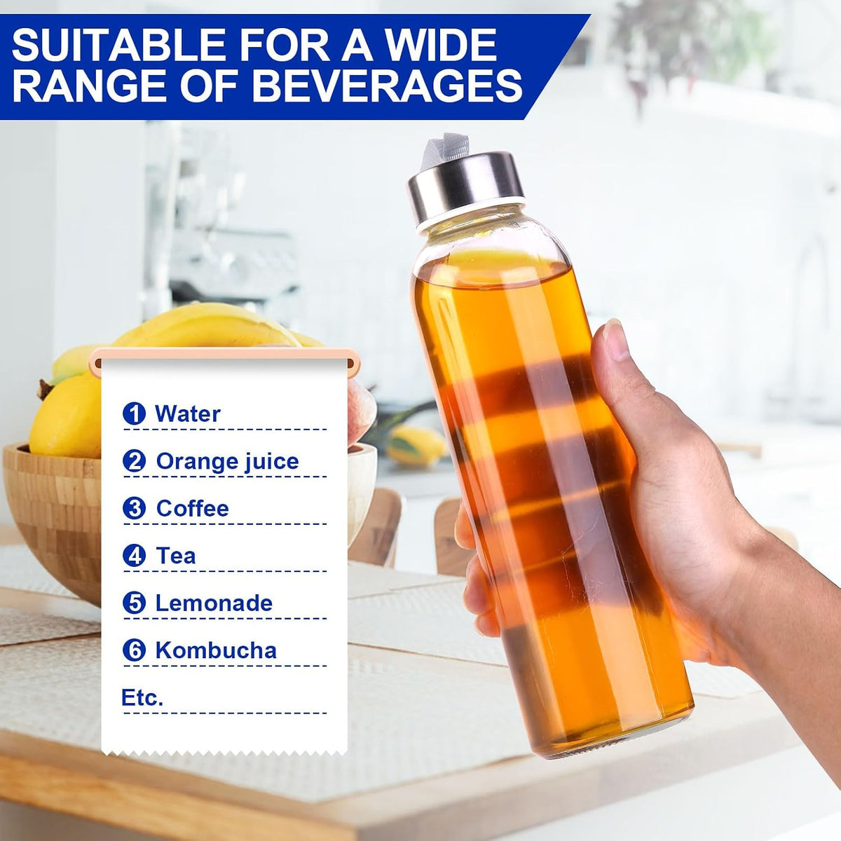 3 Packs Glass Water Bottles with Lid, Clear, 17oz