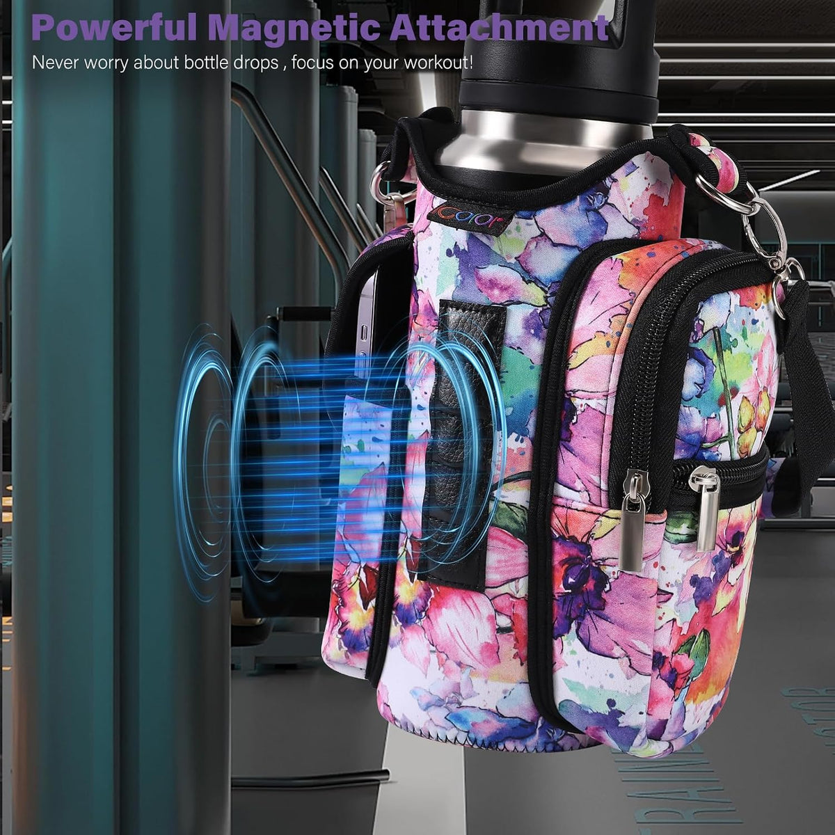 Magnetic Gym Bag Water Bottle Carrier Holder with Phone Pockets & Shoulder Strap,Gym Magnetic Bag 5 Built-in Magnets Gym Accessories Organizer Sling Bottle Bag Pouch Sleeve