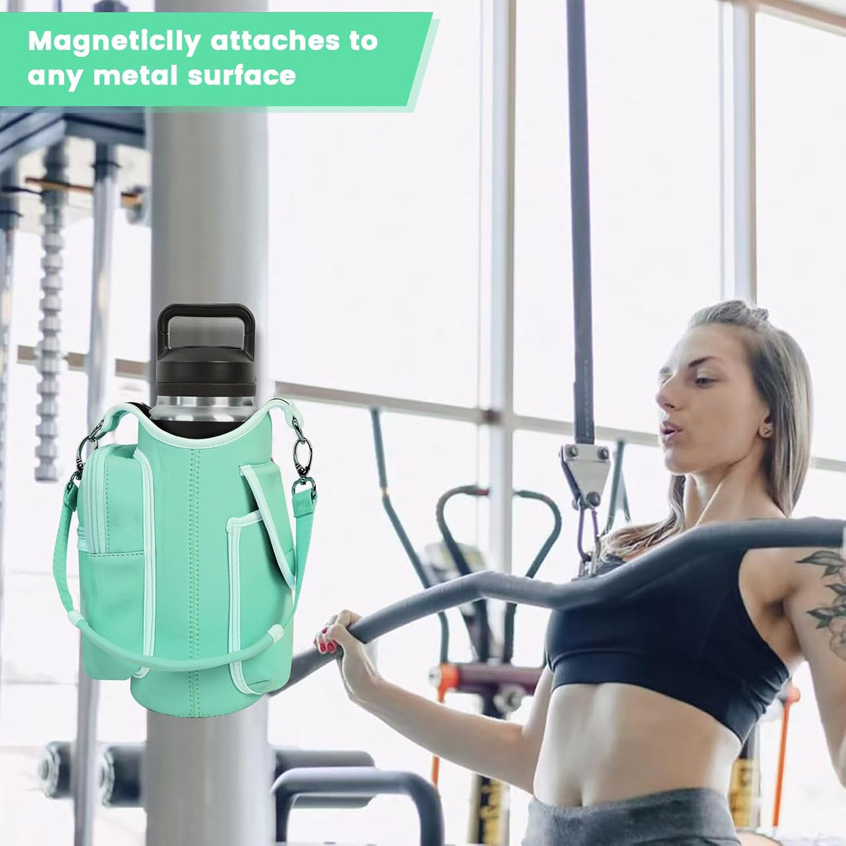 Magnetic Gym Bag Water Bottle Carrier Holder with Phone Pockets & Shoulder Strap,Gym Magnetic Bag 5 Built-in Magnets Gym Accessories Organizer Sling Bottle Bag Pouch Sleeve
