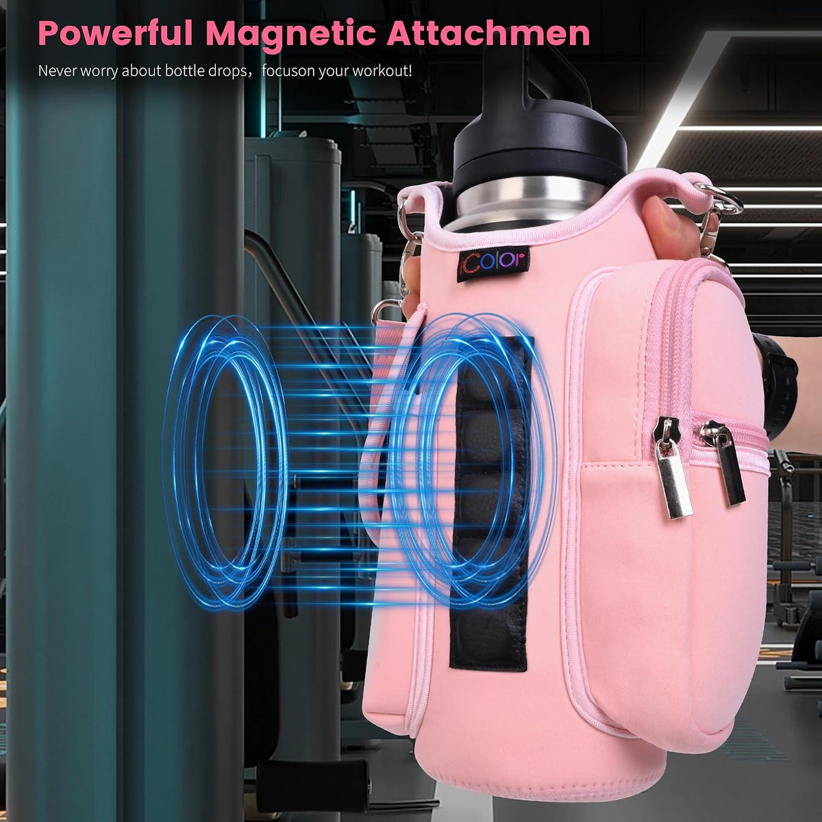 Magnetic Gym Bag Water Bottle Carrier Holder with Phone Pockets & Shoulder Strap,Gym Magnetic Bag 5 Built-in Magnets Gym Accessories Organizer Sling Bottle Bag Pouch Sleeve