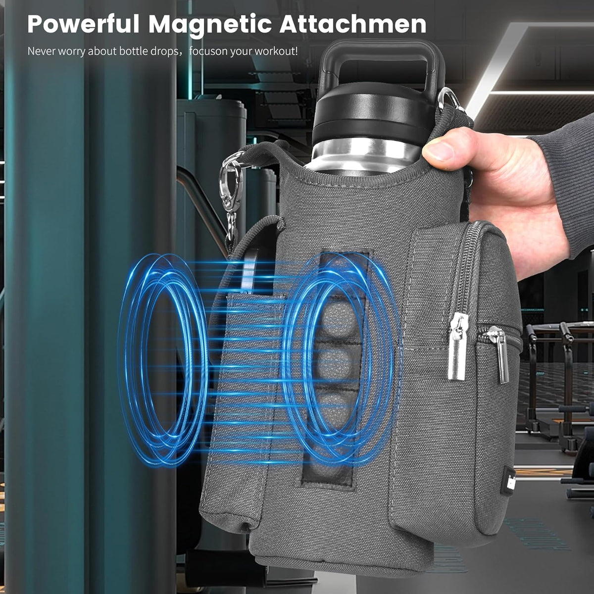 Magnetic Gym Bag Water Bottle Carrier Holder with Phone Pockets & Shoulder Strap,Gym Magnetic Bag 5 Built-in Magnets Gym Accessories Organizer Sling Bottle Bag Pouch Sleeve