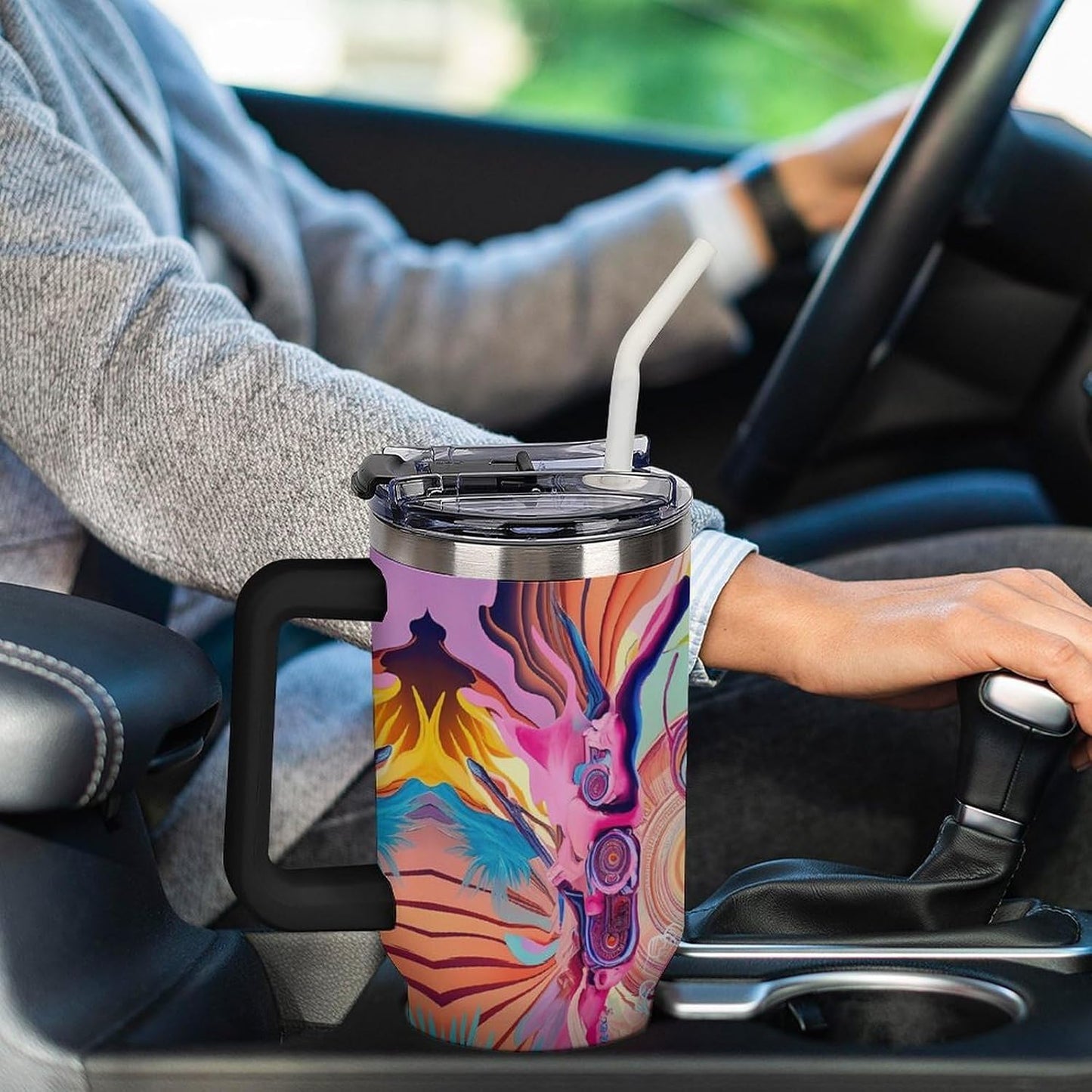 Leakproof Tumbler Vacuum Sealed Car Holder Friendly For Travel Simple Minimalist White Poppy Flower Pattern Coffee Mug Light Rose Red-style-27 - Colors G