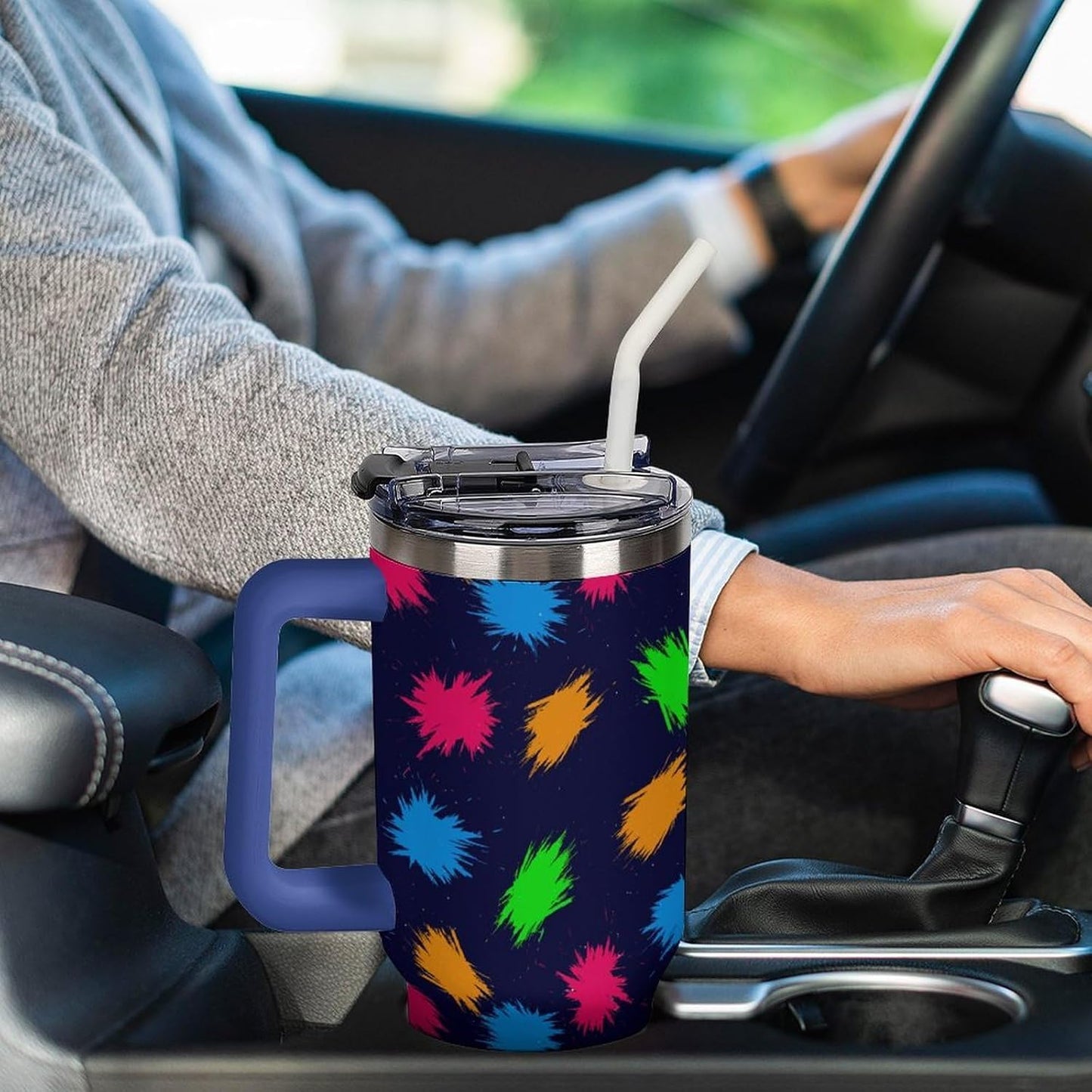 Leakproof Tumbler Vacuum Sealed Car Holder Friendly For Travel Simple Minimalist White Poppy Flower Pattern Coffee Mug Light Rose Red-style-27 - Colors G