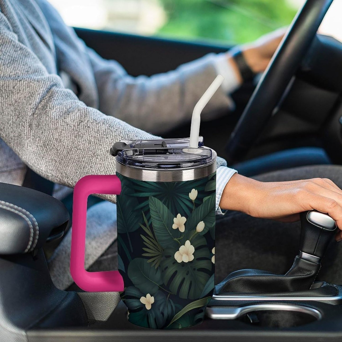 Leakproof Tumbler Vacuum Sealed Car Holder Friendly For Travel Simple Minimalist White Poppy Flower Pattern Coffee Mug Light Rose Red-style-27 - Colors G