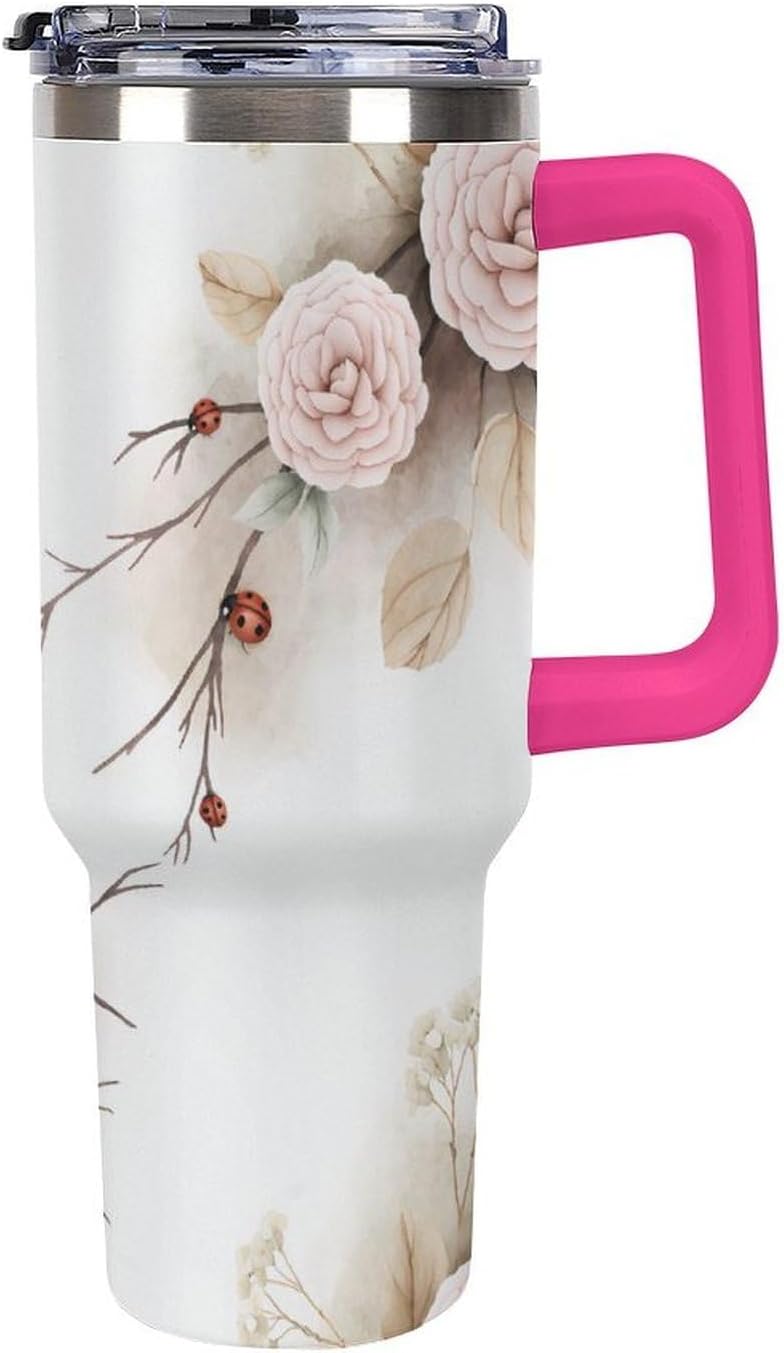 Leakproof Tumbler Vacuum Sealed Car Holder Friendly For Travel Simple Minimalist White Poppy Flower Pattern Coffee Mug Light Rose Red-style-27 - Colors G