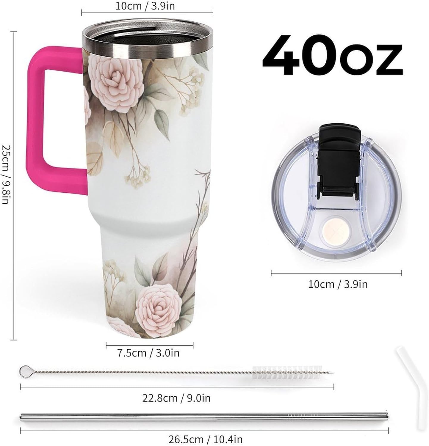 Leakproof Tumbler Vacuum Sealed Car Holder Friendly For Travel Simple Minimalist White Poppy Flower Pattern Coffee Mug Light Rose Red-style-27 - Colors G