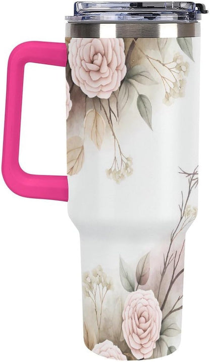 Leakproof Tumbler Vacuum Sealed Car Holder Friendly For Travel Simple Minimalist White Poppy Flower Pattern Coffee Mug Light Rose Red-style-27 - Colors G
