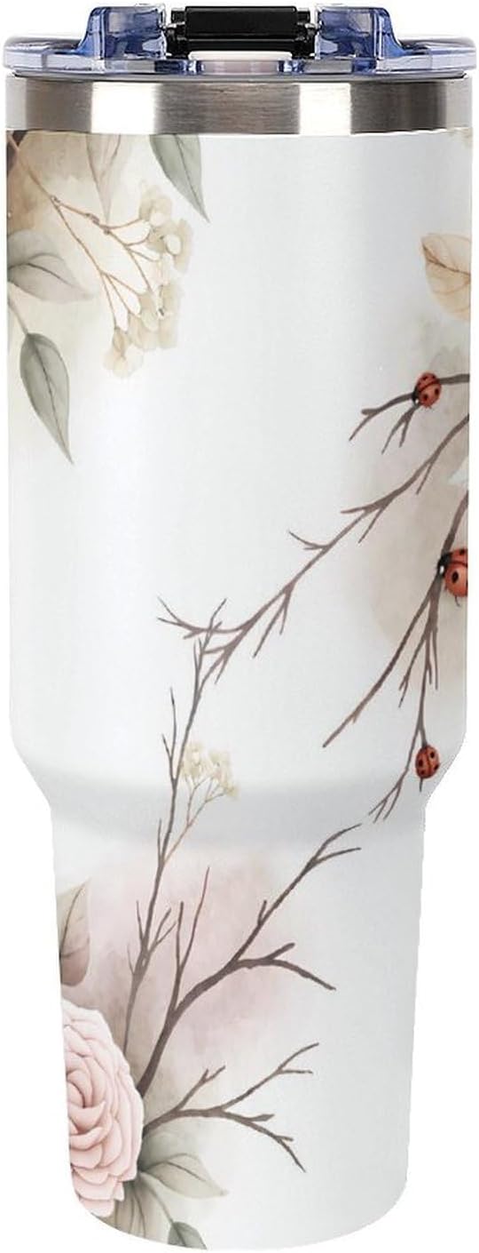 Leakproof Tumbler Vacuum Sealed Car Holder Friendly For Travel Simple Minimalist White Poppy Flower Pattern Coffee Mug Light Rose Red-style-27 - Colors G