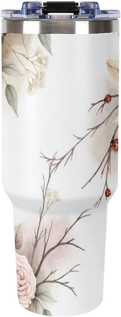 Leakproof Tumbler Vacuum Sealed Car Holder Friendly For Travel Simple Minimalist White Poppy Flower Pattern Coffee Mug Light Rose Red-style-27 - Colors G