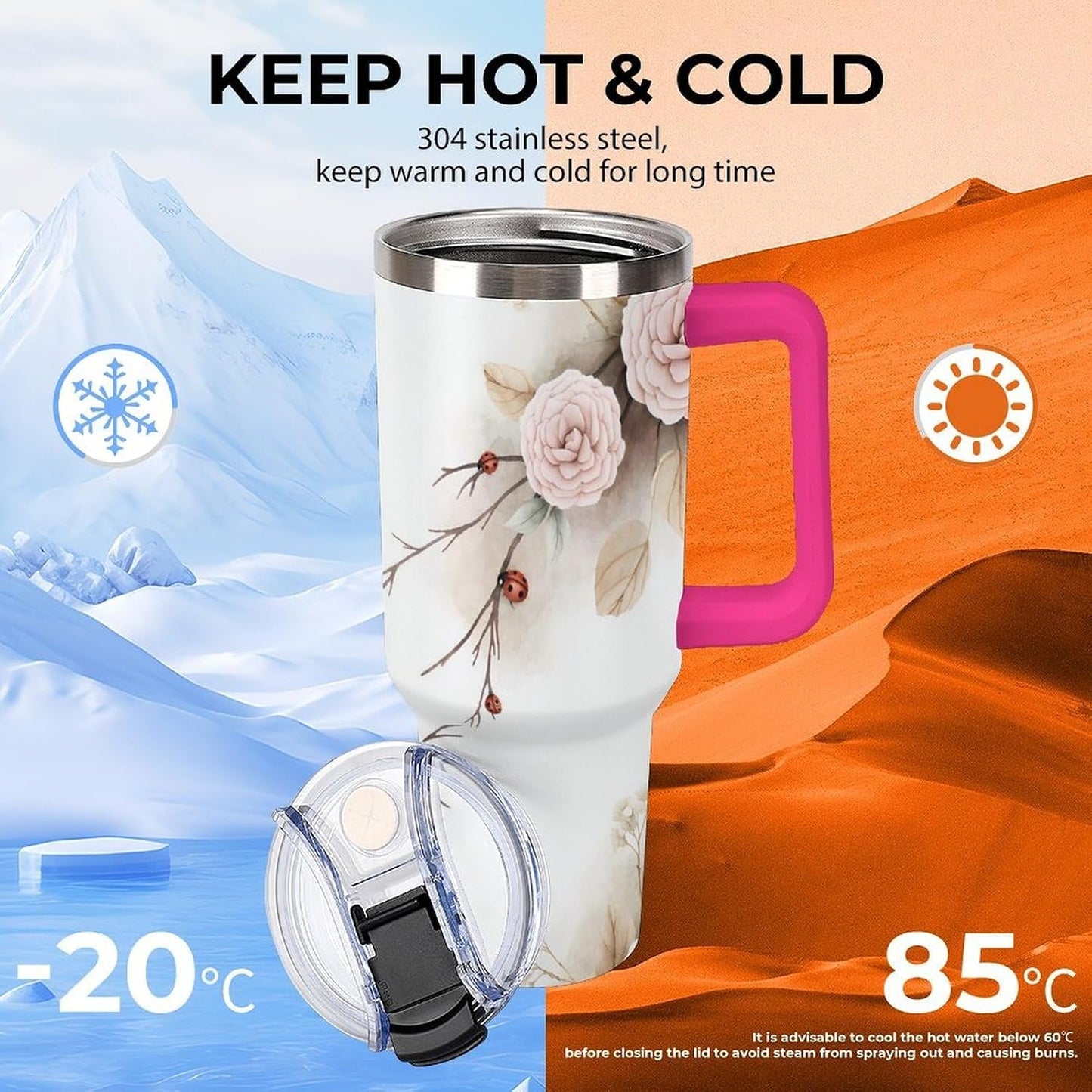 Leakproof Tumbler Vacuum Sealed Car Holder Friendly For Travel Simple Minimalist White Poppy Flower Pattern Coffee Mug Light Rose Red-style-27 - Colors G