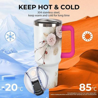 Leakproof Tumbler Vacuum Sealed Car Holder Friendly For Travel Simple Minimalist White Poppy Flower Pattern Coffee Mug Light Rose Red-style-27 - Colors G