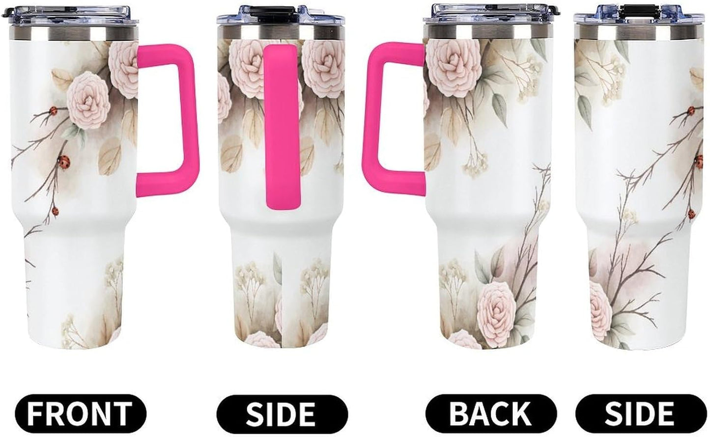 Leakproof Tumbler Vacuum Sealed Car Holder Friendly For Travel Simple Minimalist White Poppy Flower Pattern Coffee Mug Light Rose Red-style-27 - Colors G