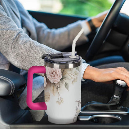Leakproof Tumbler Vacuum Sealed Car Holder Friendly For Travel Simple Minimalist White Poppy Flower Pattern Coffee Mug Light Rose Red-style-27 - Colors G