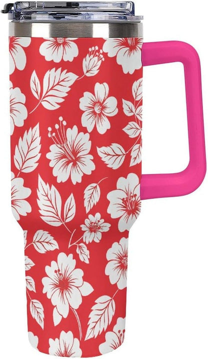 Leakproof Tumbler Vacuum Sealed Car Holder Friendly For Travel Simple Minimalist White Poppy Flower Pattern Coffee Mug Light Rose Red-style-27 - Colors G