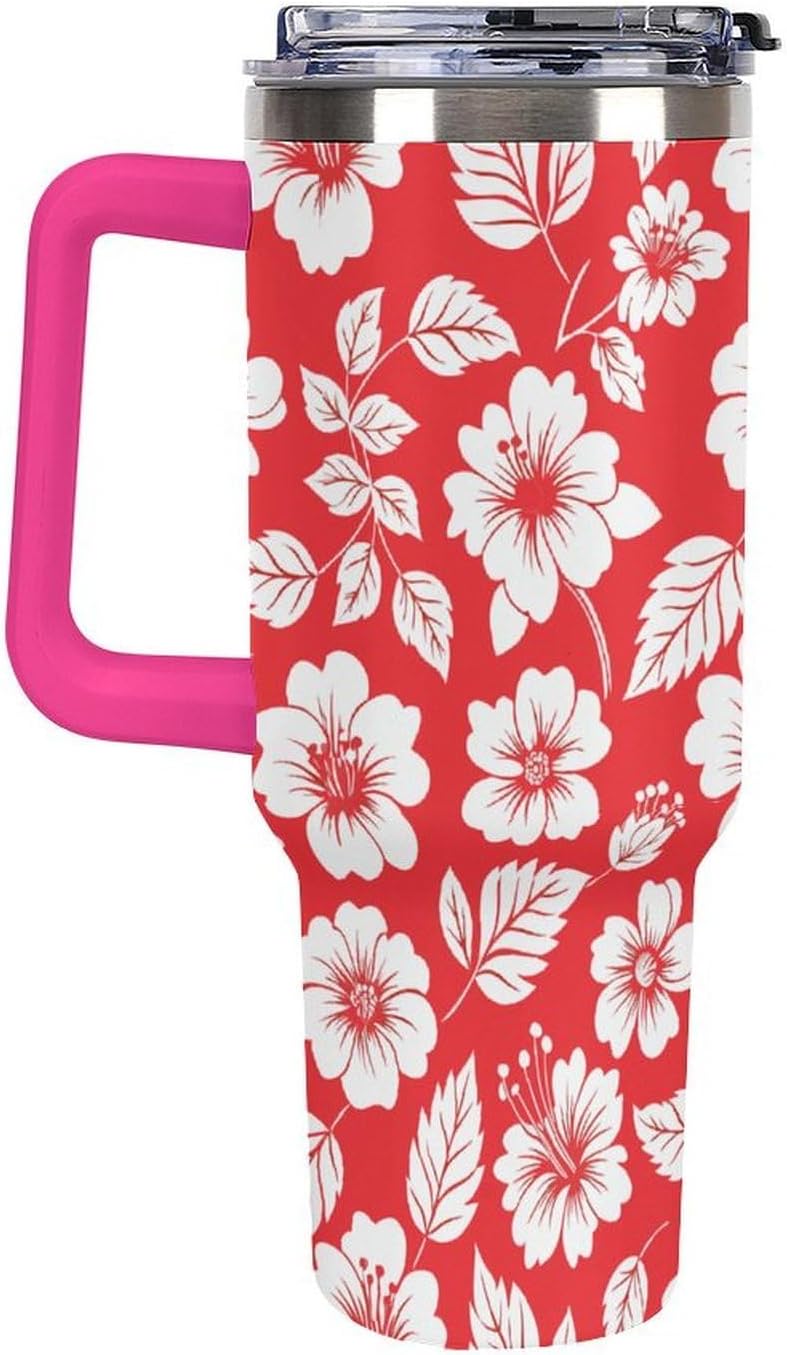Leakproof Tumbler Vacuum Sealed Car Holder Friendly For Travel Simple Minimalist White Poppy Flower Pattern Coffee Mug Light Rose Red-style-27 - Colors G