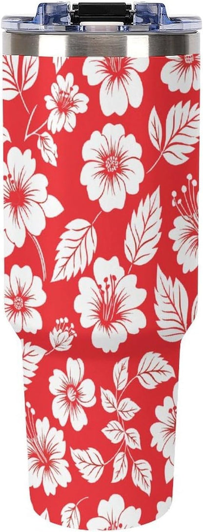 Leakproof Tumbler Vacuum Sealed Car Holder Friendly For Travel Simple Minimalist White Poppy Flower Pattern Coffee Mug Light Rose Red-style-27 - Colors G