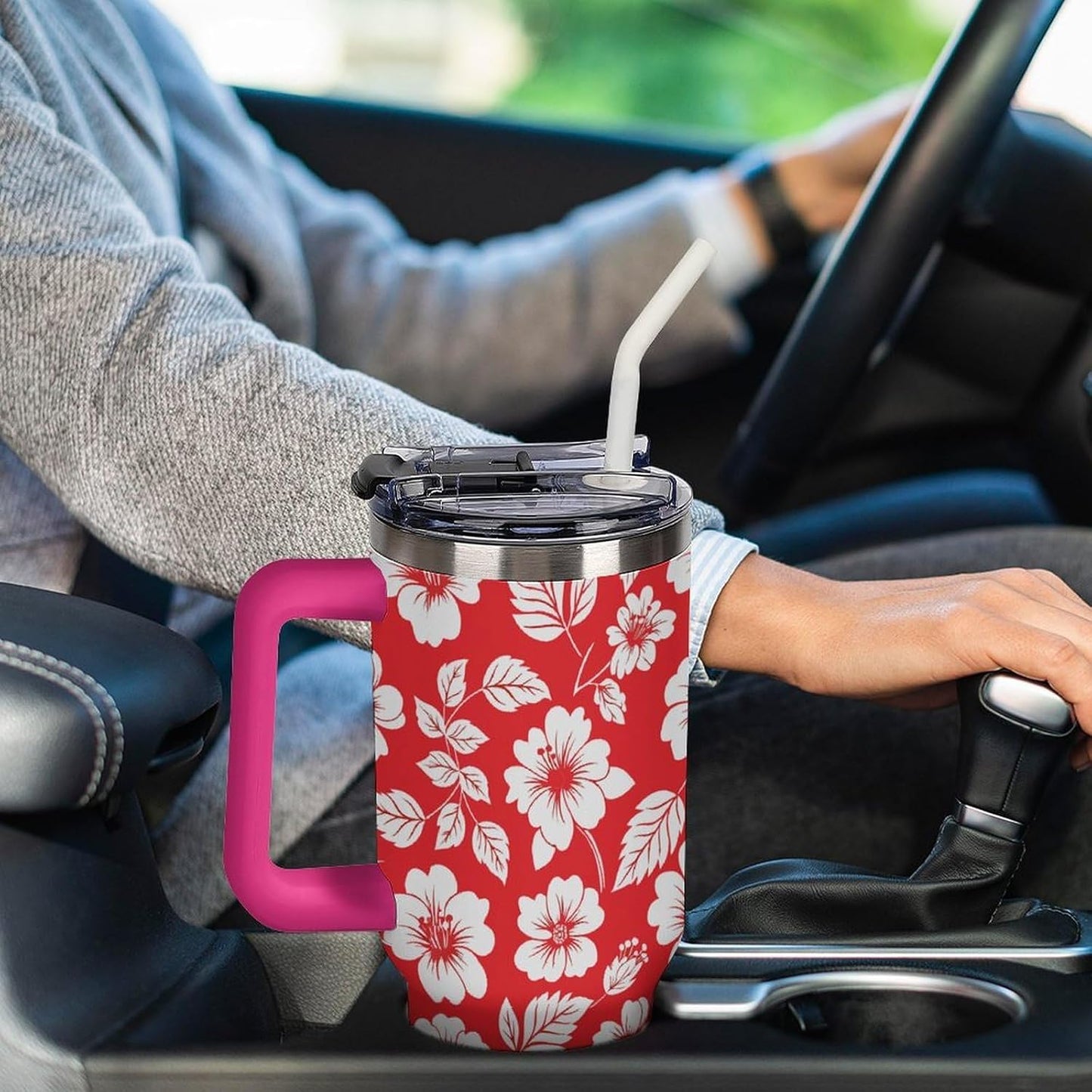 Leakproof Tumbler Vacuum Sealed Car Holder Friendly For Travel Simple Minimalist White Poppy Flower Pattern Coffee Mug Light Rose Red-style-27 - Colors G