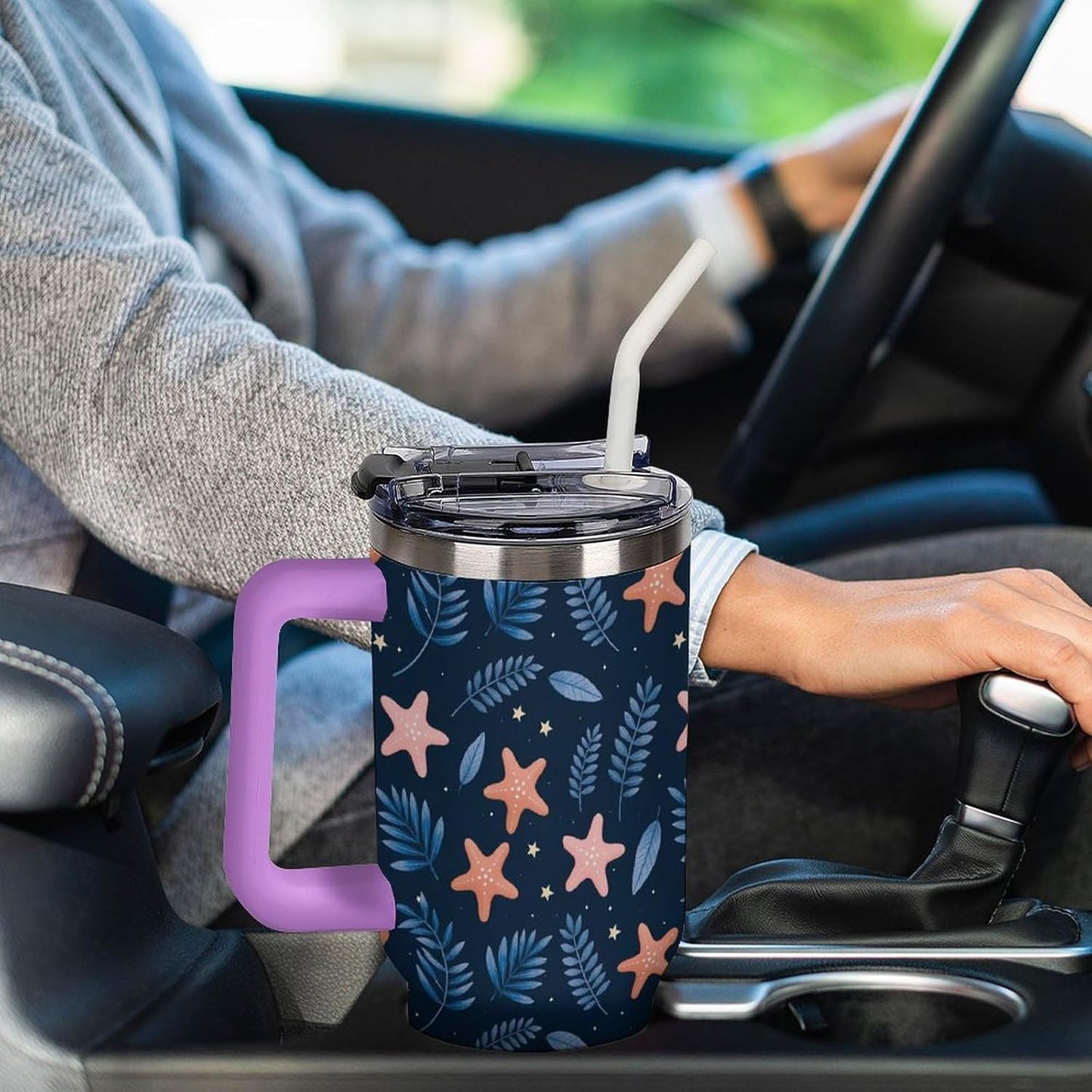 Leakproof Tumbler Vacuum Sealed Car Holder Friendly For Travel Simple Minimalist White Poppy Flower Pattern Coffee Mug Light Rose Red-style-27 - Colors G